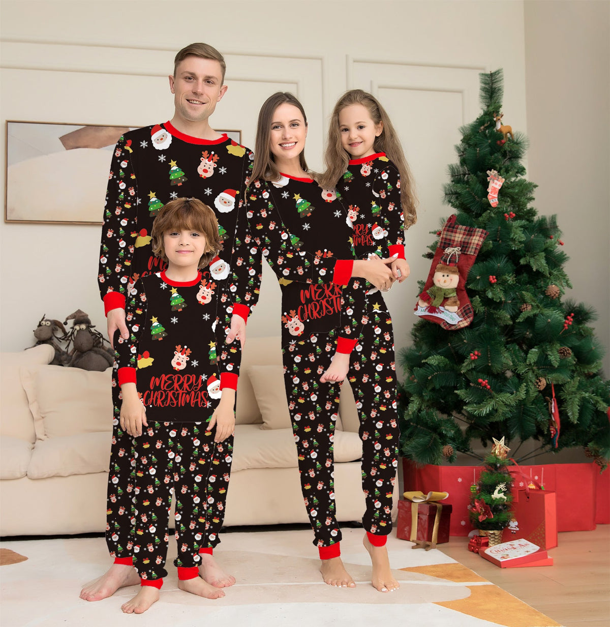 Family Christmas matching pajama set in dark fabric with colorful holiday print and red cuffs