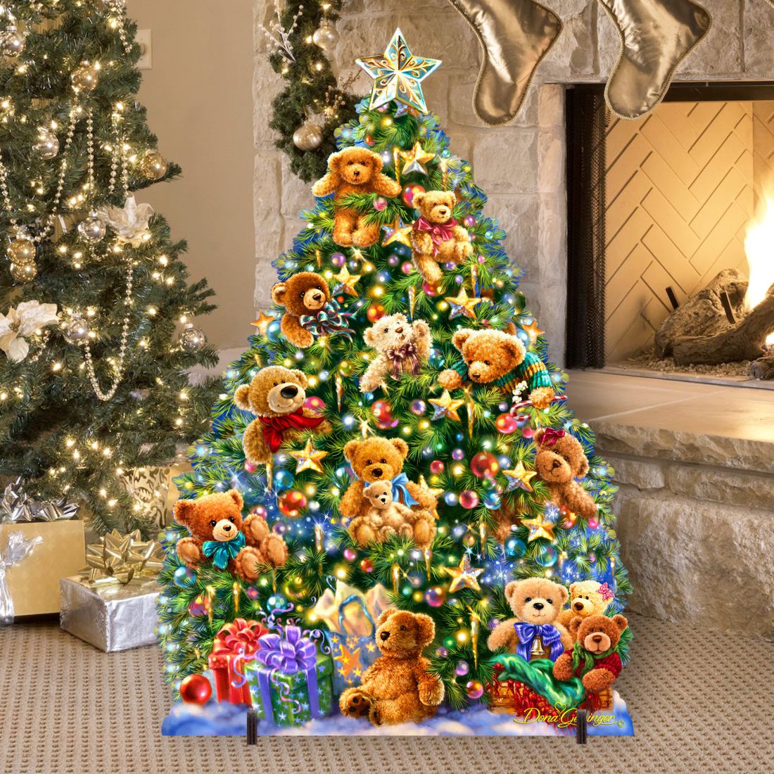 Teddy bear Christmas tree outdoor yard sign with glowing lights, stuffed bears, and star topper