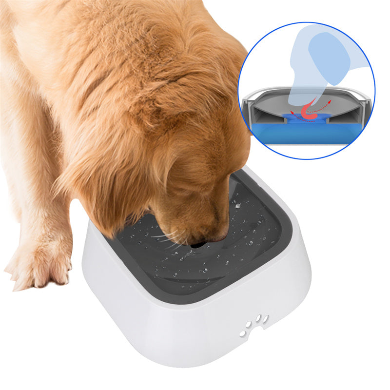 White pet fountain bowl with dark top tray and blue water channel, anti-overflow design