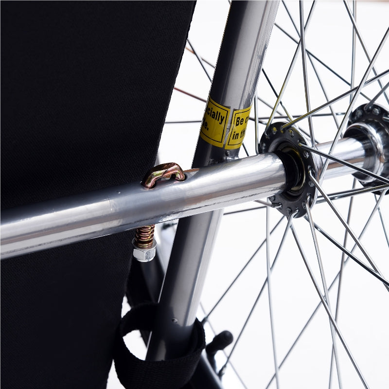 Pet trailer wheel axle and frame with black strap and silver metal support