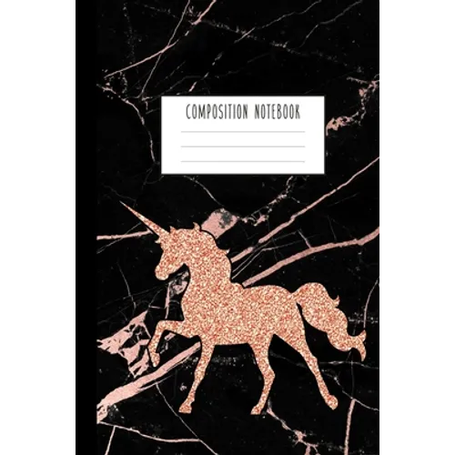Composition notebook with black marble cover and rose gold unicorn graphic