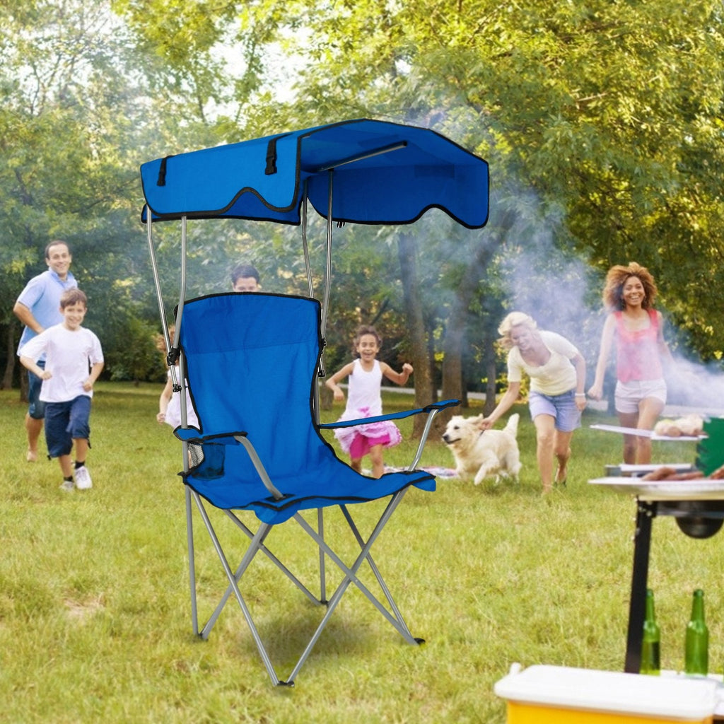Blue folding beach canopy chair with overhead sunshade and padded seat