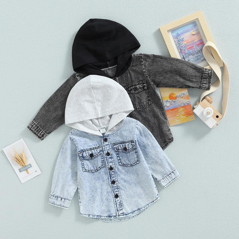 Light blue and dark gray hooded denim coats with button front and flap chest pockets