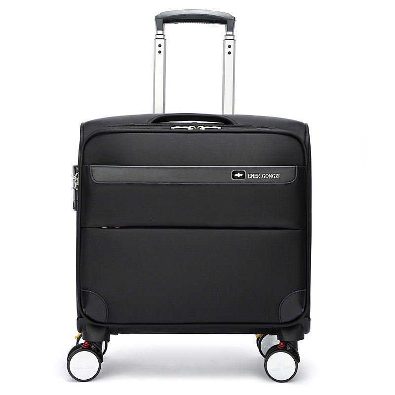 Black carry-on suitcase, rear view, with telescoping handle and four spinner wheels.