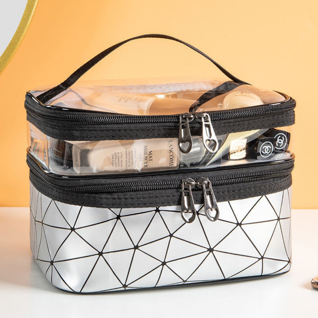 Double-layer transparent cosmetic bag with black zippers and white geometric base