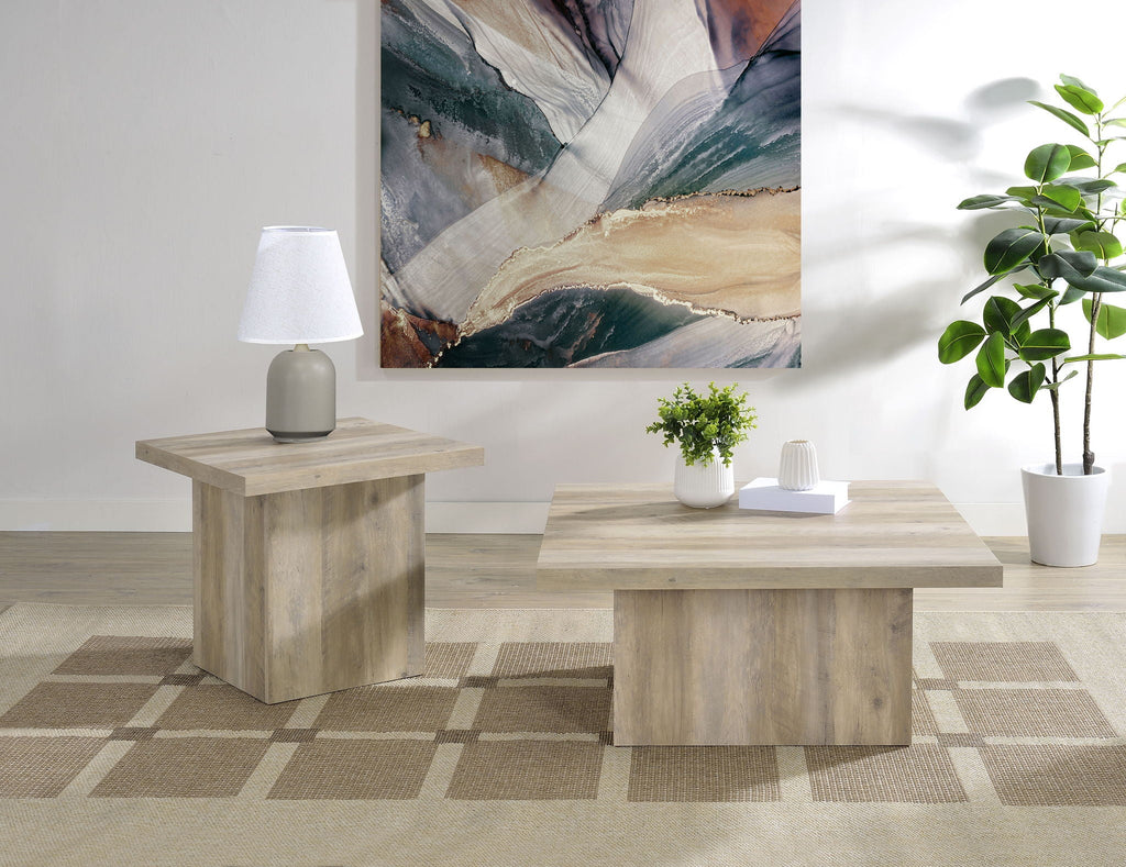 Distressed pine square end table set with two matching tables and flat tops