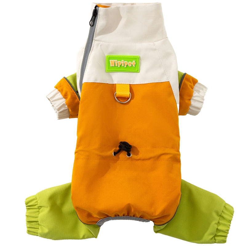 Orange and green waterproof dog jumpsuit with front zipper and leg openings