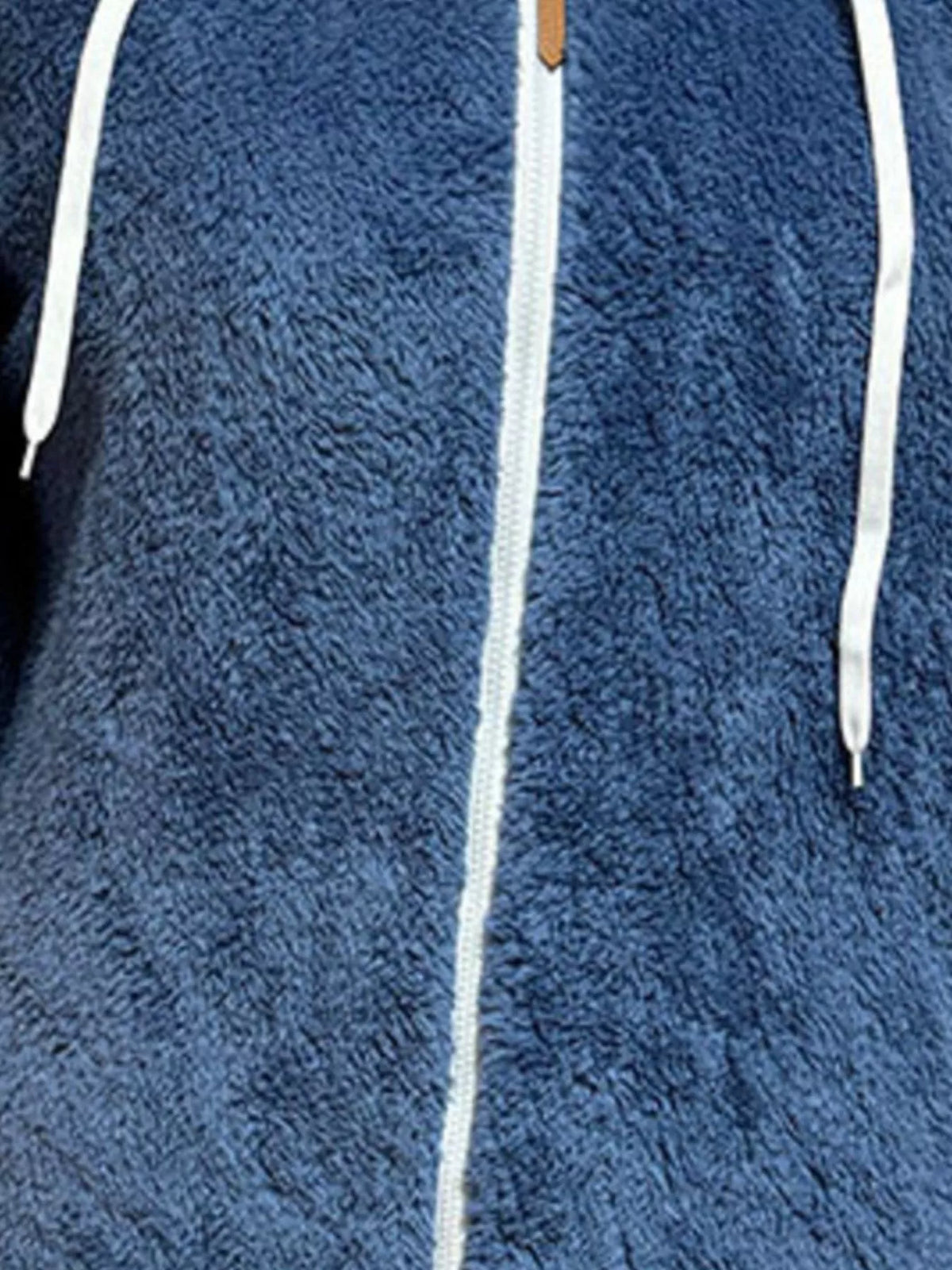 Blue textured fleece zip-up jacket front with white drawstrings