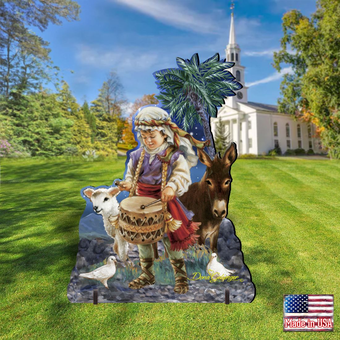 Nativity outdoor decor figure with drummer boy, donkey, lamb, and blue palm tree