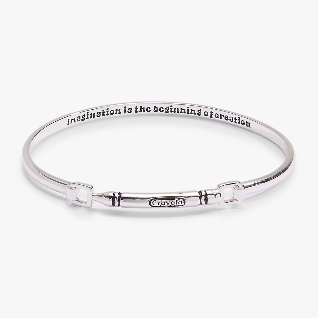 Silver Crayola crayon tension bangle with square clasp and Crayola engraving