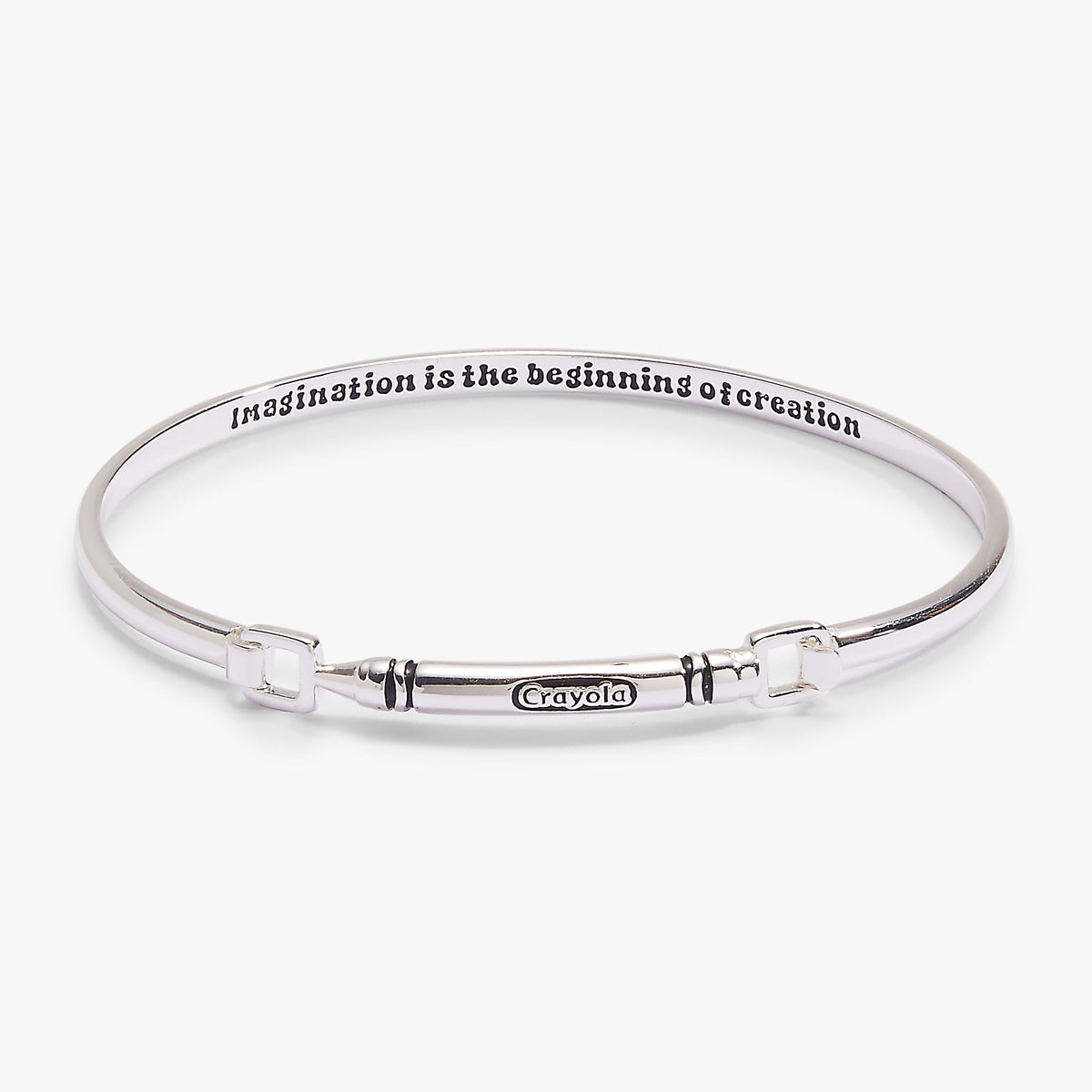 Silver Crayola crayon tension bangle with square clasp and Crayola engraving