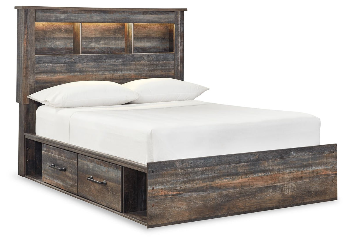 Weathered wood storage bed with bookcase headboard and two lower drawers