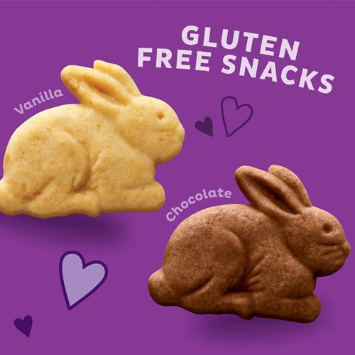 Gluten-free bunny grahams cookie shapes, vanilla and chocolate, promo graphic