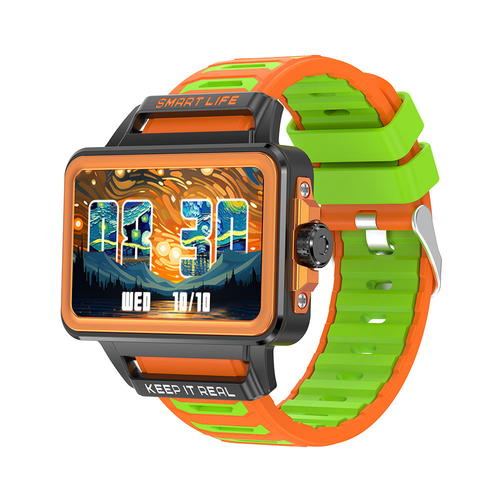 Black smartwatch with green silicone strap and bright display, sporty rugged body