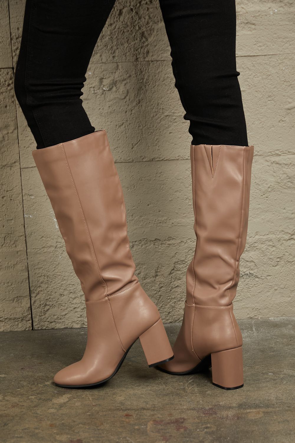 Mocha knee-high block heel boots with stacked heel and fitted shaft