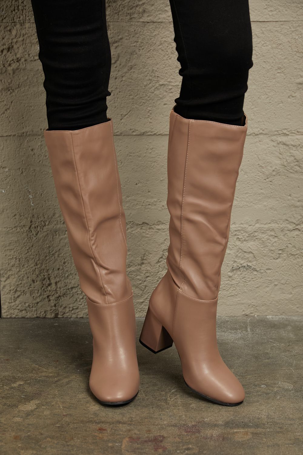Mocha knee-high block heel boots with pointed toe and side seam