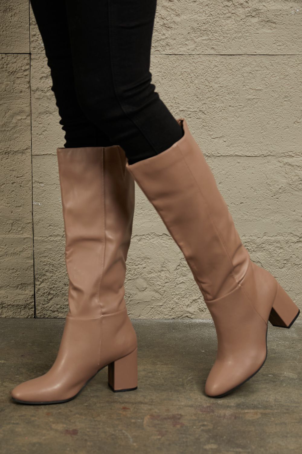 Mocha knee-high block heel boots with low block heel and straight shaft