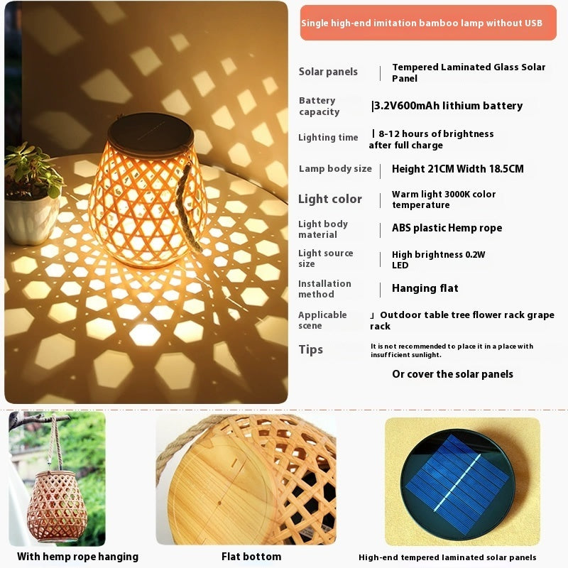 Hanging solar lantern with black top and warm lattice glow, bamboo-style woven shade
