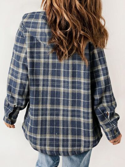 Blue plaid hooded jacket with button front and long sleeves