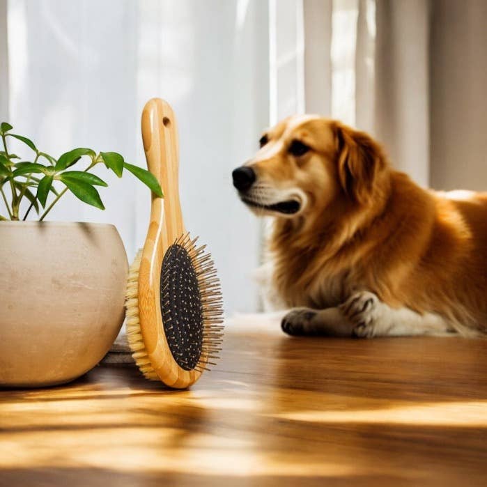 Wooden pet grooming brush with mixed bristle and needle pins for dogs and pets