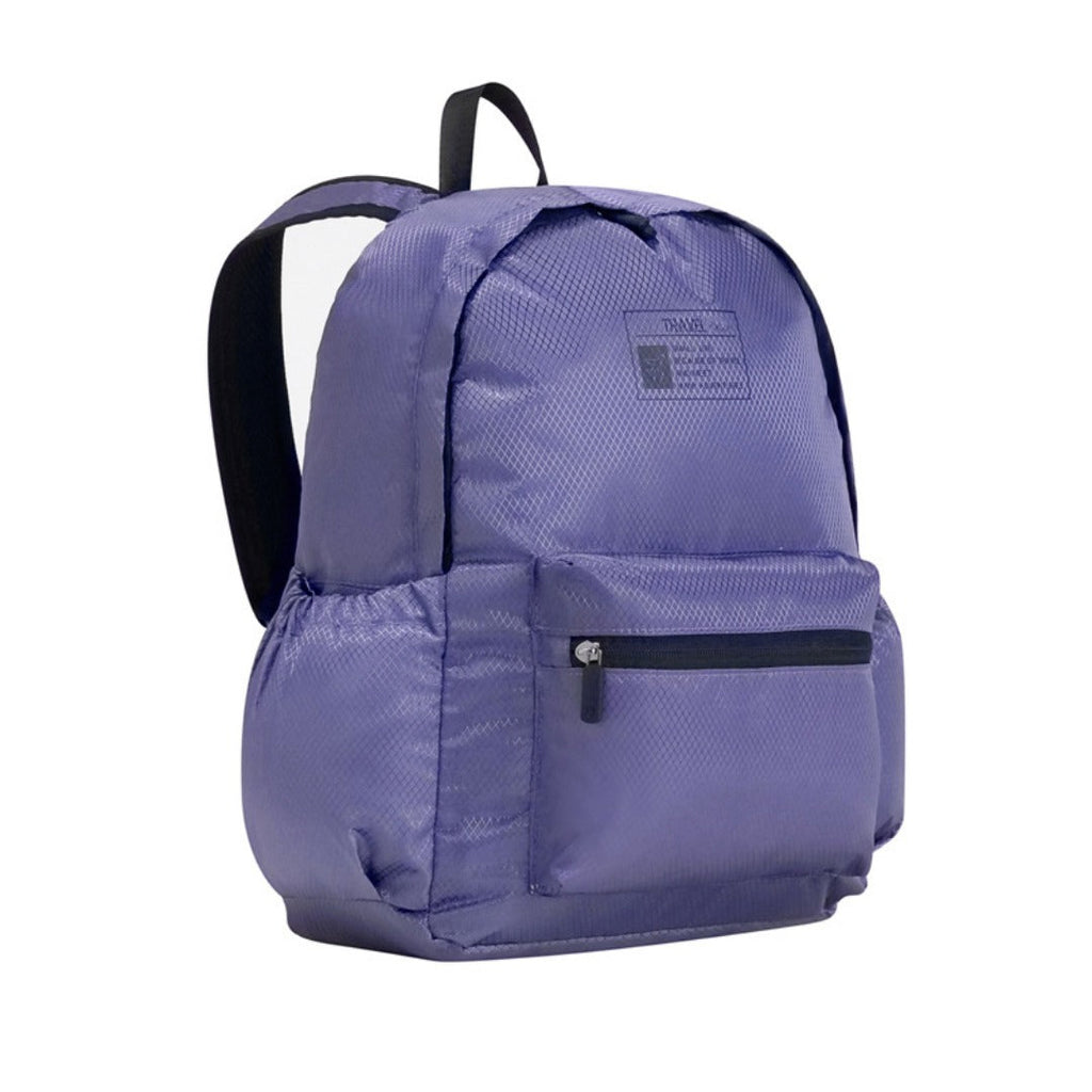 Purple foldable backpack with front zip pocket and small logo label.