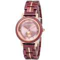 Maroon wooden quartz watch with blush pink dial and Roman numerals on wood strap
