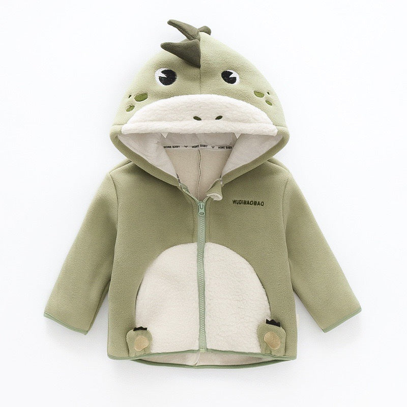 Green baby hooded velvet jacket with dinosaur spikes, full front zipper