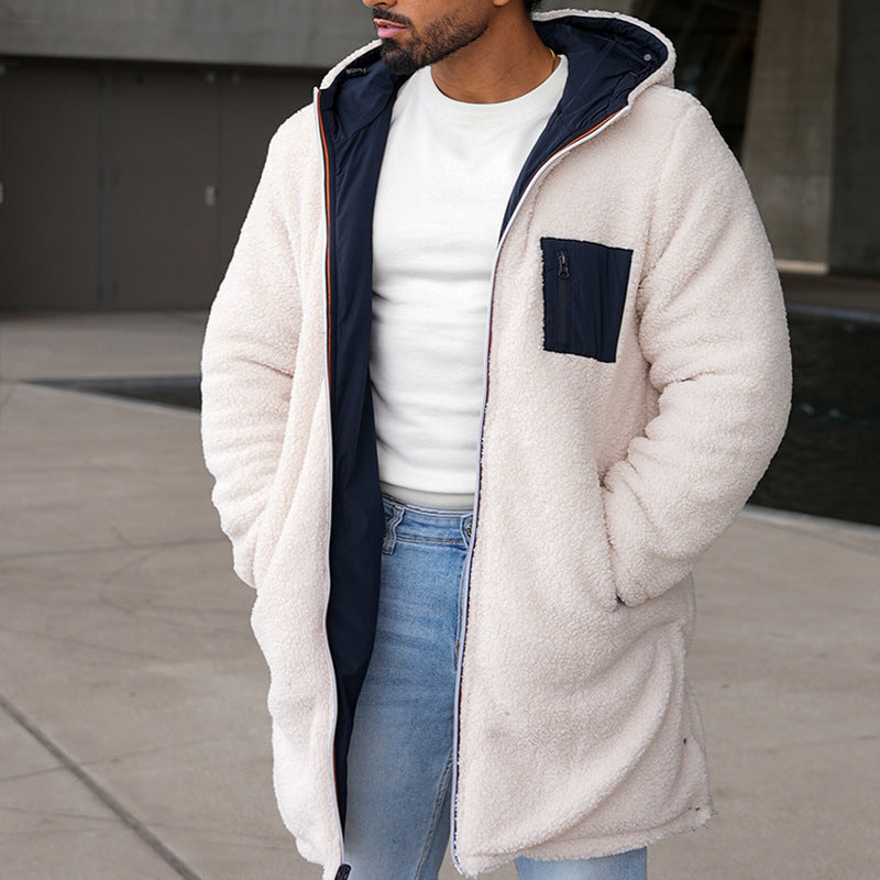Men's hooded double-zip sherpa coat, off-white fleece exterior with zip front
