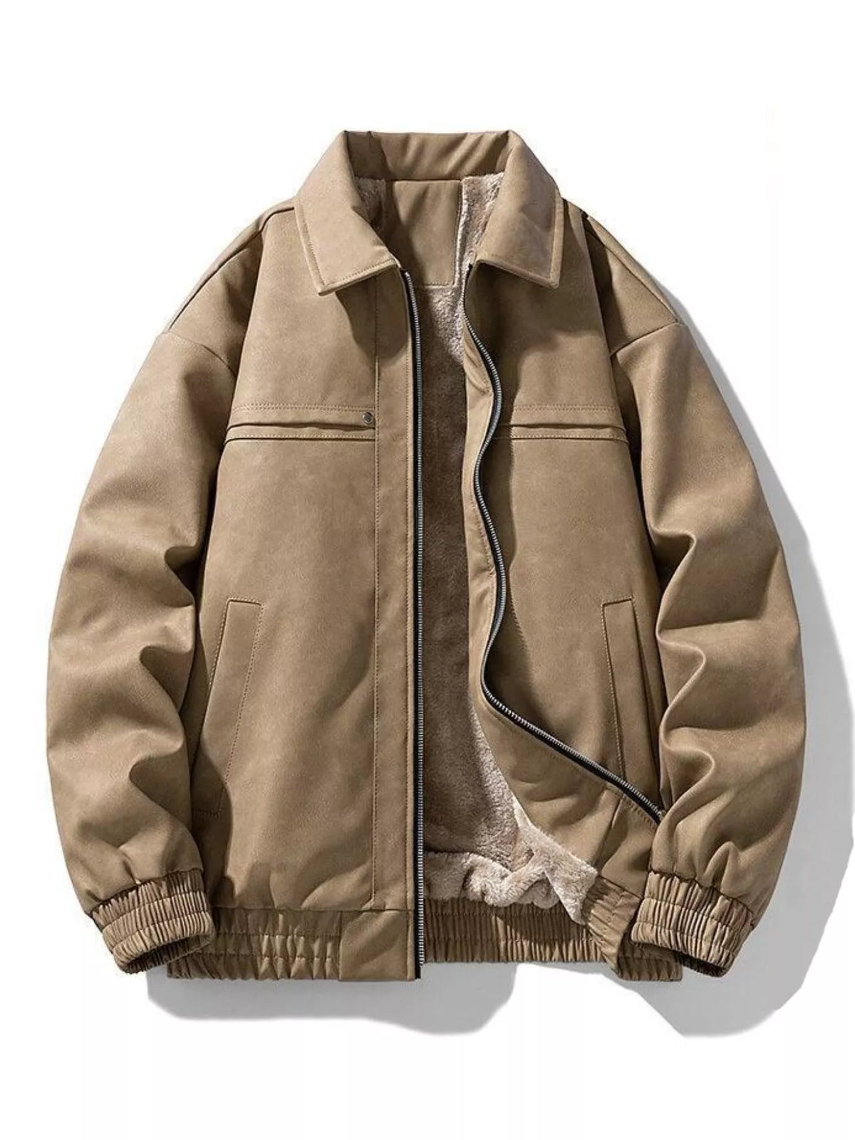 Tan fleece-lined zip-up jacket with flap pockets and ribbed cuffs