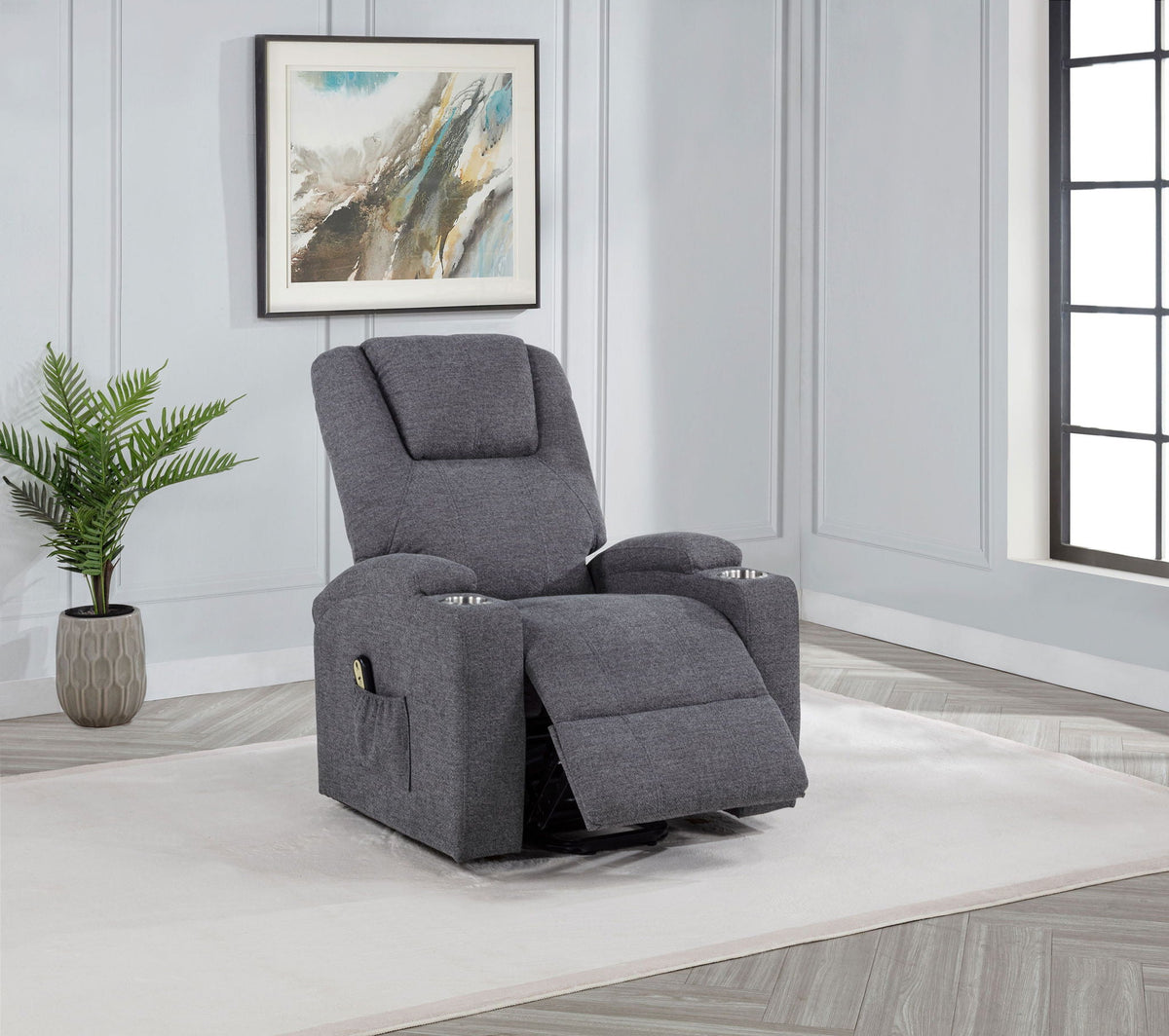Grey upholstered power lift massage chair upright, centered on base with padded headrest