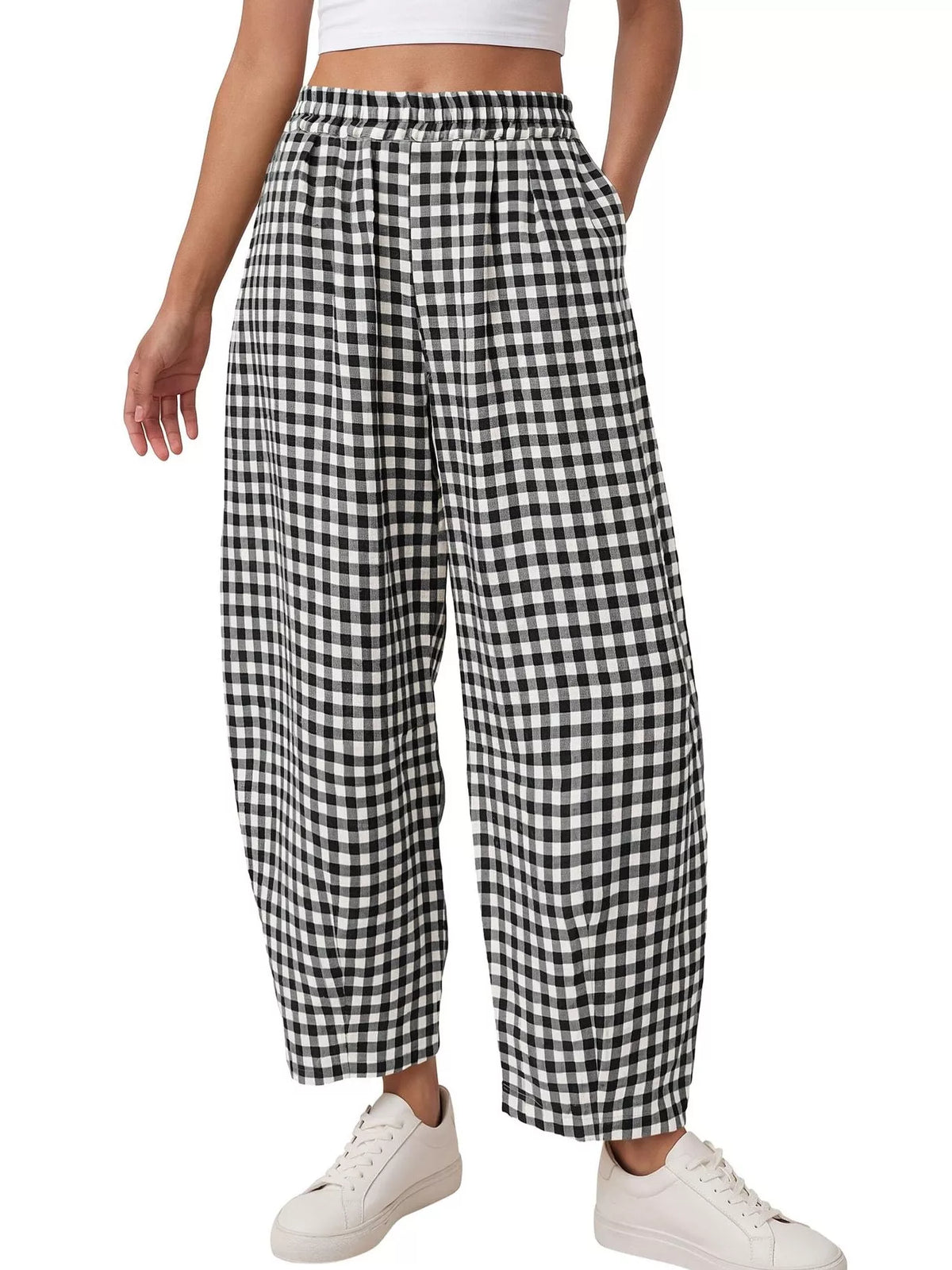 Black gingham wide-leg pants with elastic waist and loose ankle-length fit