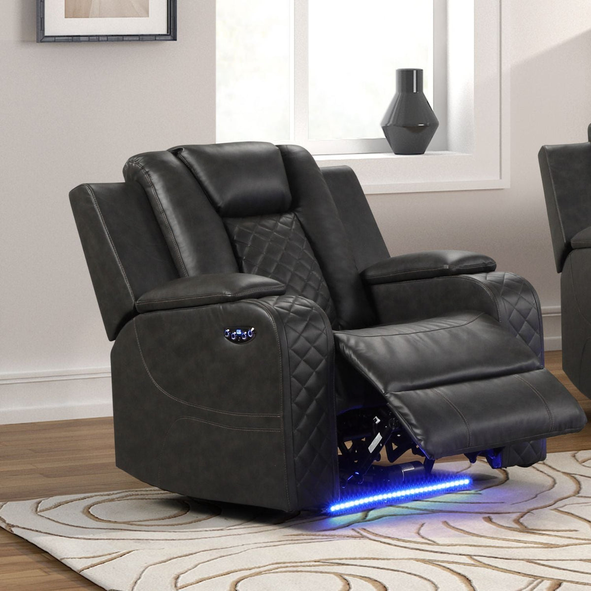 Black LED power recliner chair with open footrest, quilted armrests, blue LED strip