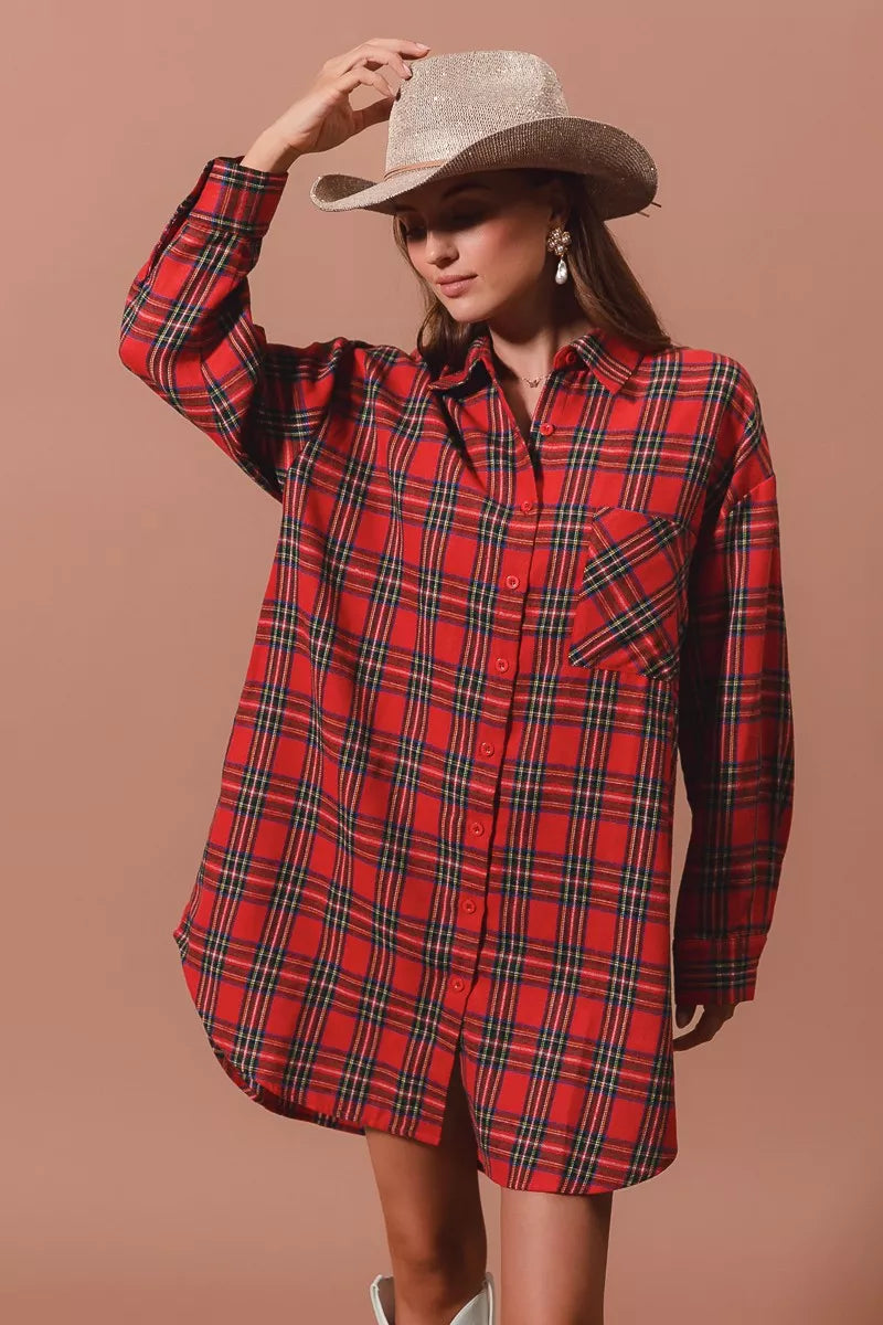 Red plaid button-up shirt dress with collar and long sleeves, front view