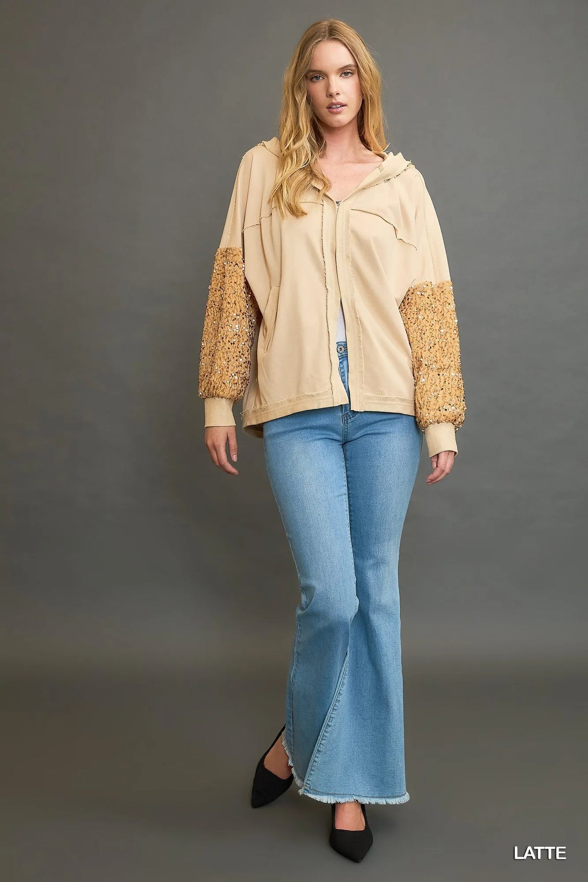 Latte sequin-trim French terry zip hoodie jacket front view with hood and sequined cuffs