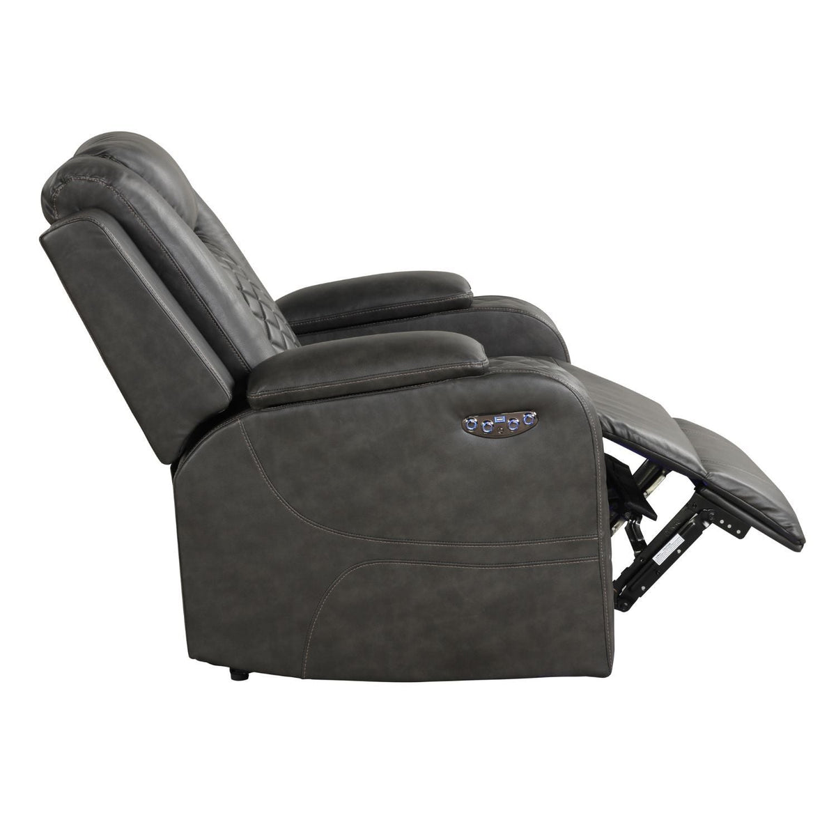 Dark gray LED power recliner chair with open footrest and side controls, blue LED base