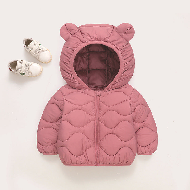 Pink baby hooded padded jacket with bear-ear hood and front zipper