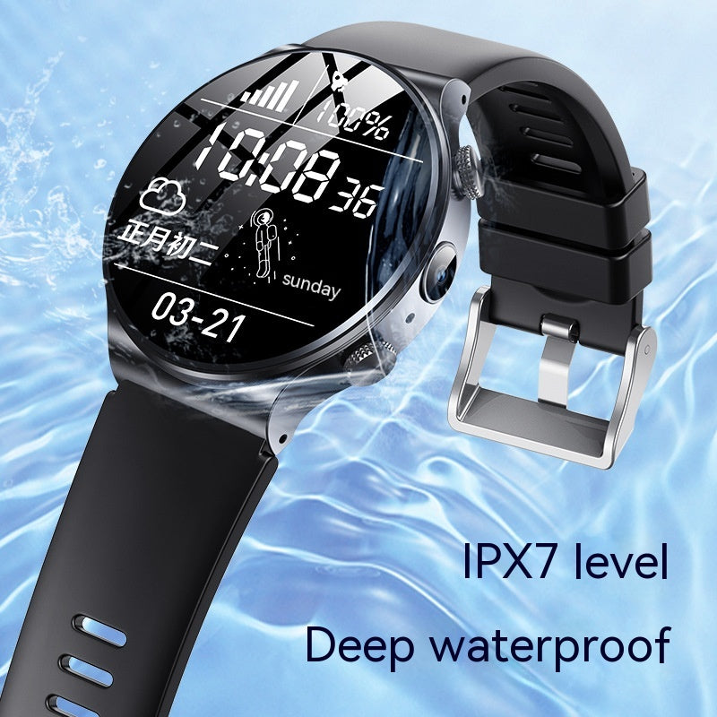 Black smartwatch with round display showing digital time and day