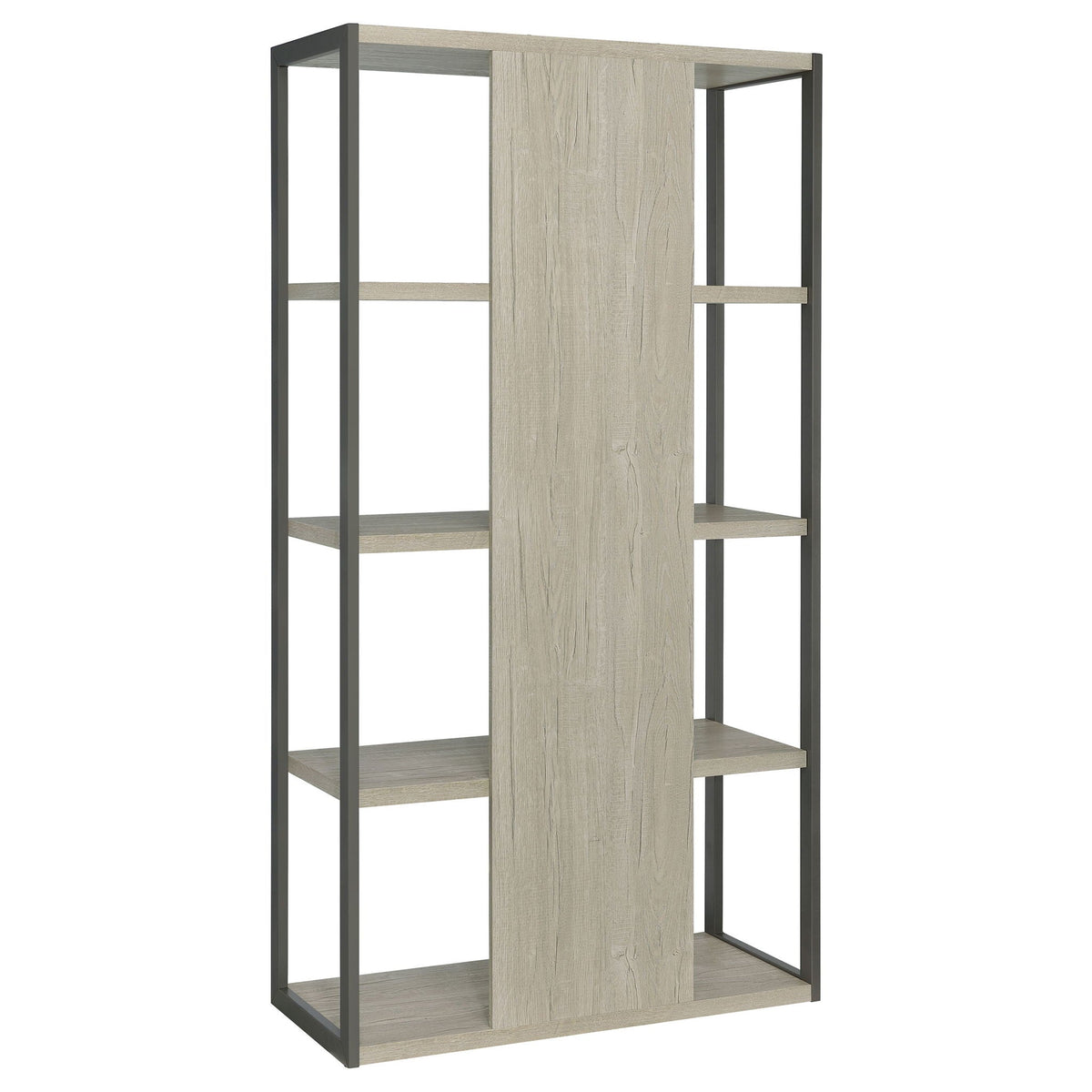 Whitewashed grey 4-shelf bookshelf side/front view with dark metal frame, open shelving
