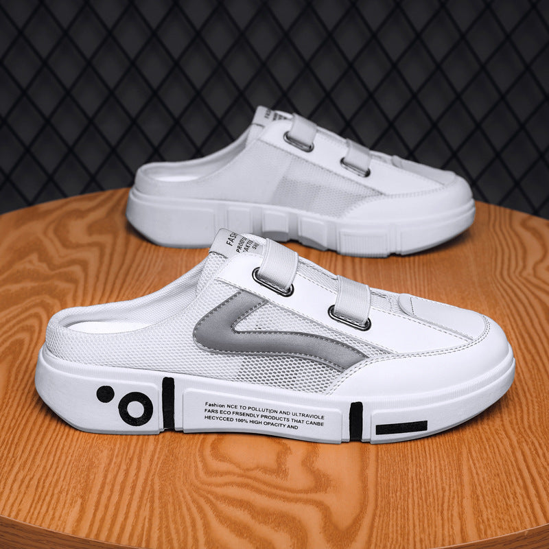 Breathable mesh half slippers, white, closed toe, dual buckle straps, chunky sole