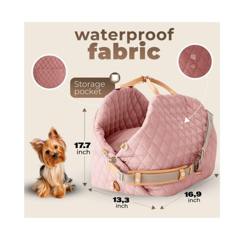 Pink quilted pet carrier with waterproof fabric and storage pocket (size diagram)