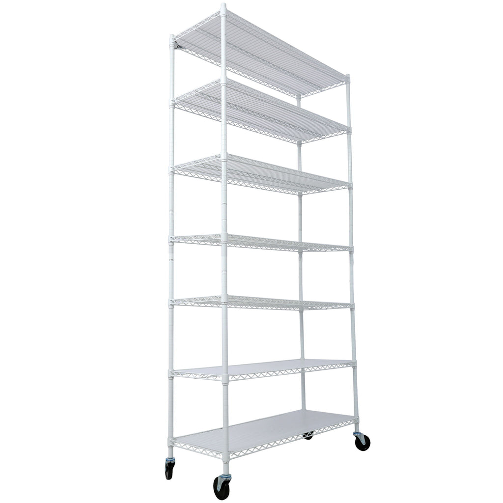 White metal wire 7-tier shelving rack with wheels and four-sided wire frame