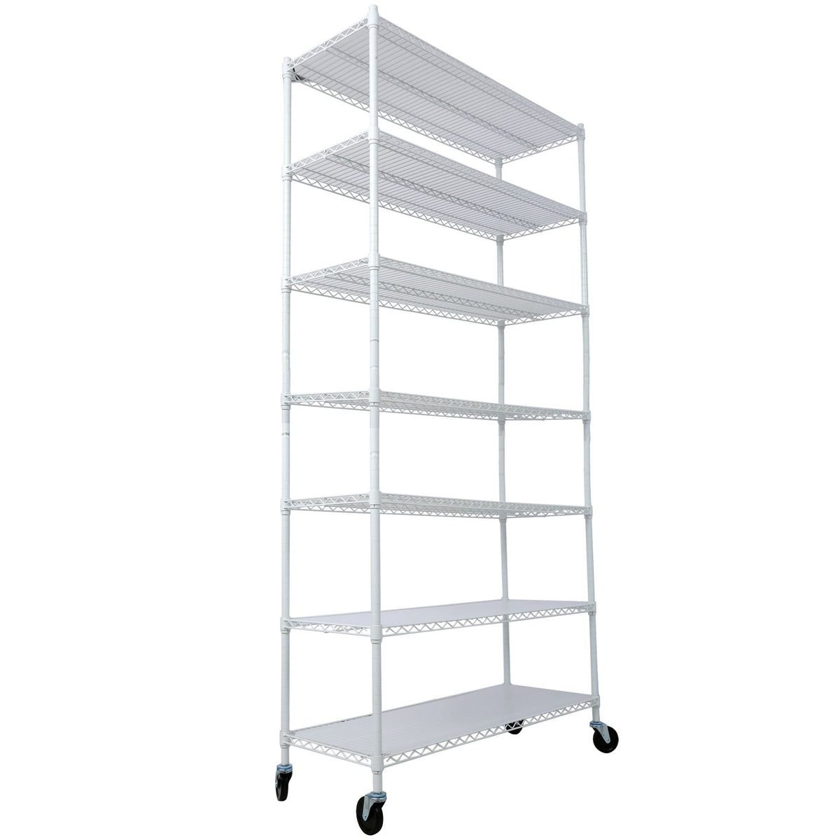White metal wire 7-tier shelving rack with wheels and four-sided wire frame