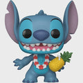Funko Pop vinyl figure of blue Stitch holding pineapple and green leaves