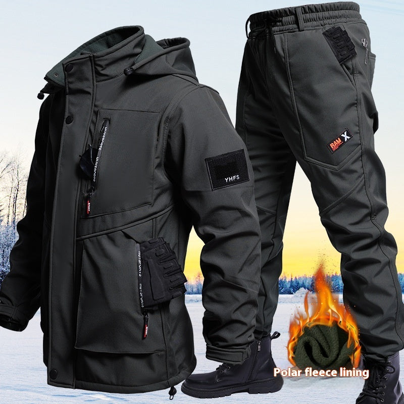 Black fleece-lined waterproof jacket and cargo pants set with hood and multiple pockets