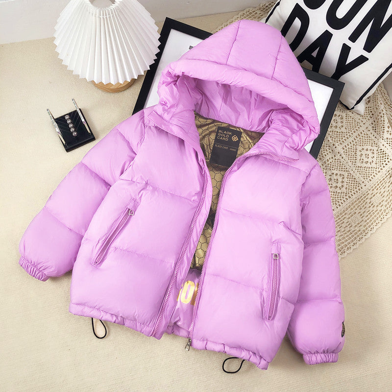 Kids' lavender hooded puffer jacket with full-zip front and side pockets