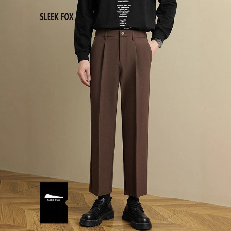 Men’s straight suit trousers, brown, draped front with belt loops and button closure