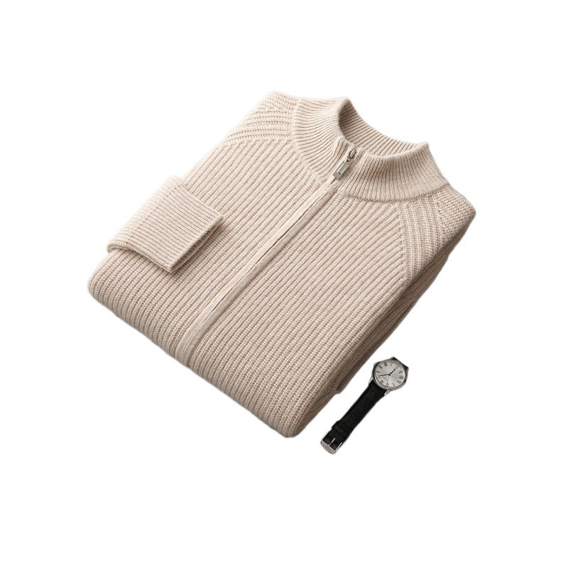 Men's half-turtleneck zipper knit cardigan, cream beige folded with zip front