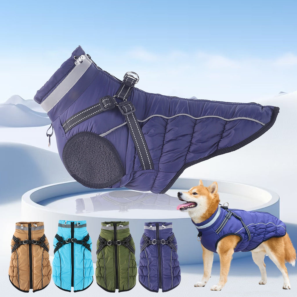 Fleece-lined waterproof dog coat, navy with reflective trim and harness clips
