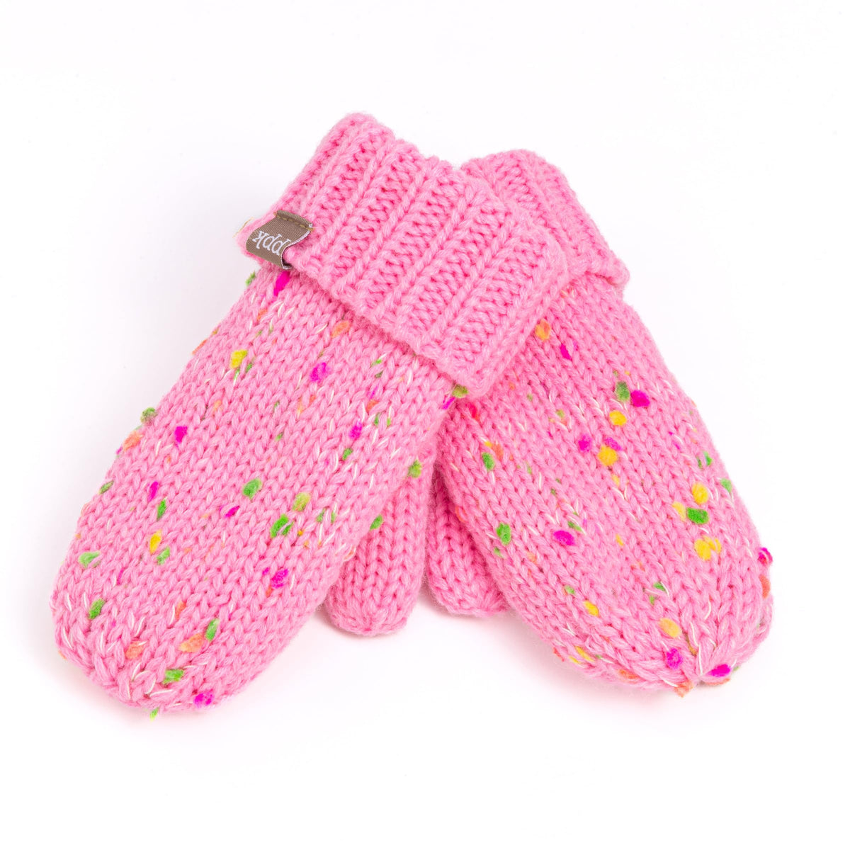 Kids speckled knit mittens in pink with multicolor dot speckles and ribbed cuffs.