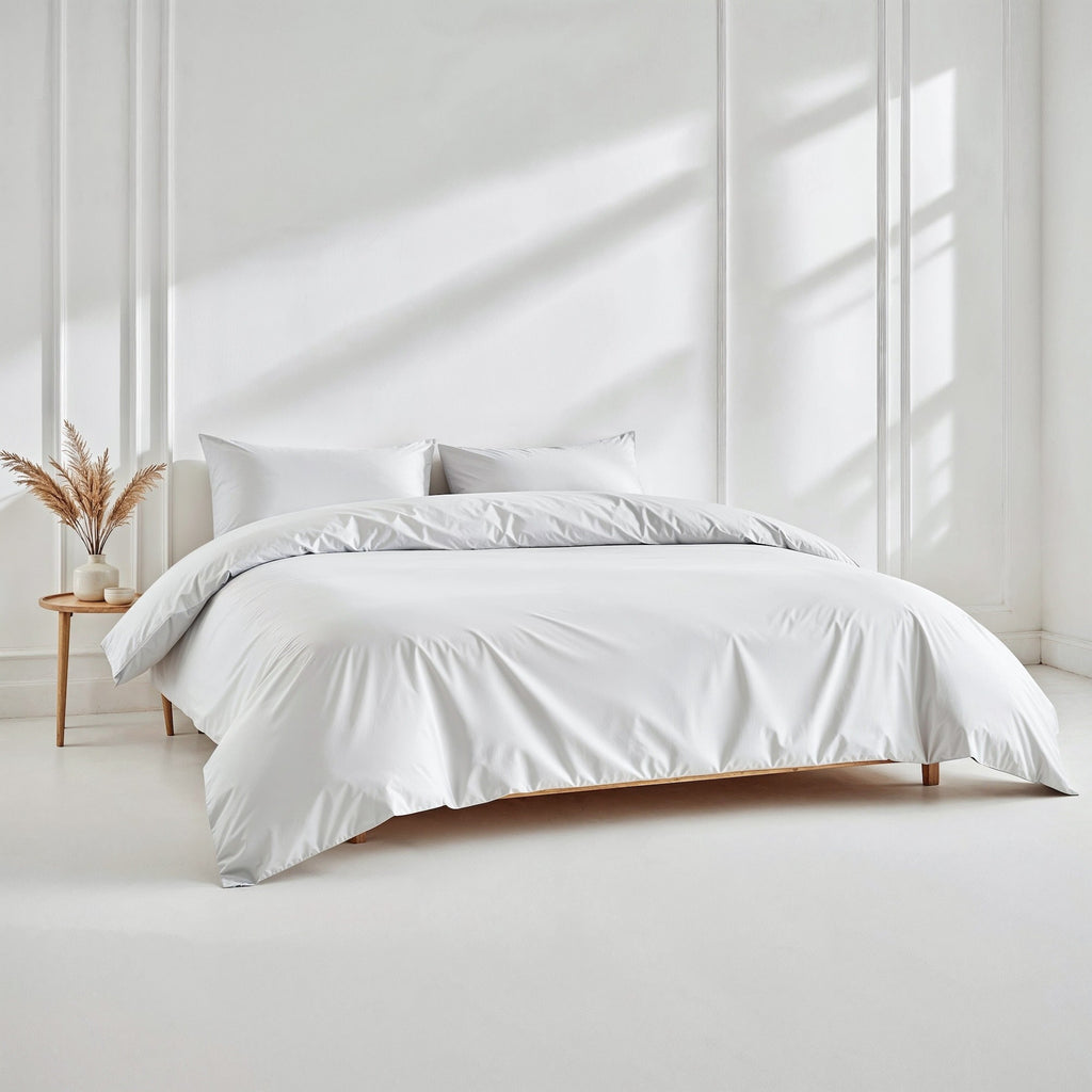 White sateen duvet and pillow set with matching pillow shams in a bedding bundle